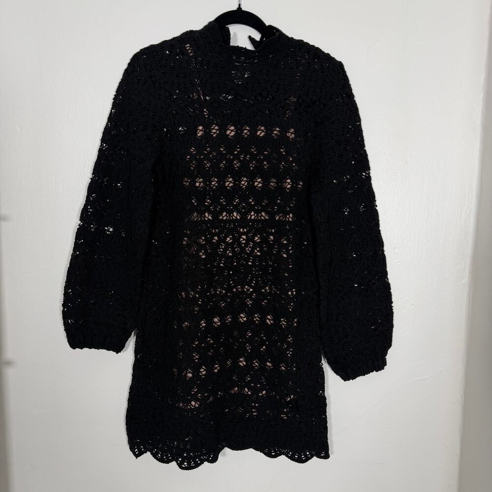 Zara Black Crochet Lace Mini Dress Long Sleeve Size M Lined